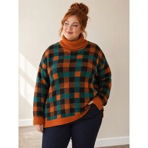 Studio Park Orange Green Plaid Turtleneck Sweater Size 2X Cozy Grandpa Core Fall